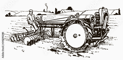 Historical farmer driving a tractor plow in a field in side view. Illustration after an engraving from the early 20th century