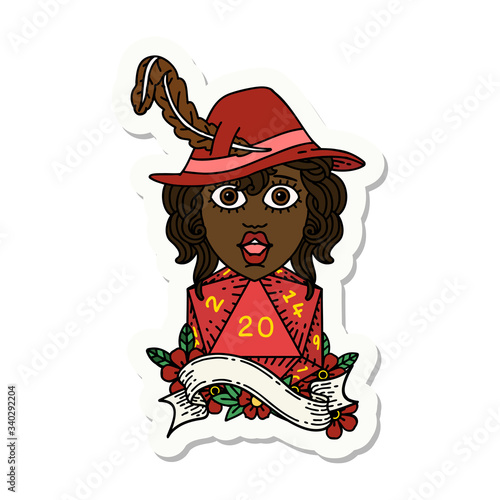 human bard with natural 20 dice roll sticker