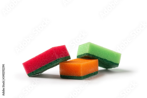 Multicolored sponges for cleaning isolated on a white background. Sponges for dishwashing