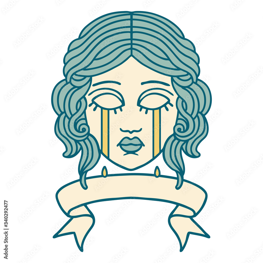 tattoo with banner of female face crying tattoo with banner of female face crying