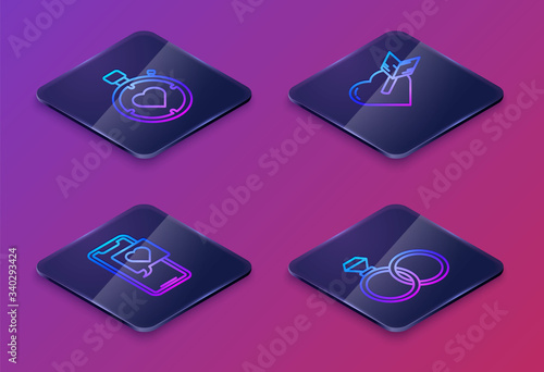 Set Isometric line Heart in the center stopwatch, Smartphone with heart speech bubble, Amour with heart and arrow and Wedding rings. Blue square button. Vector