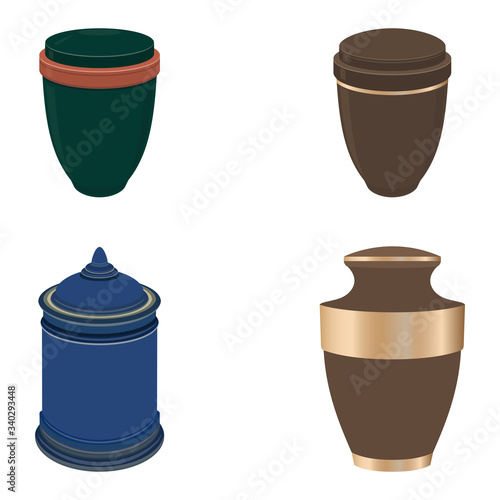 Urn for ashes, set. Symbols for the funeral service. Vector illustration.