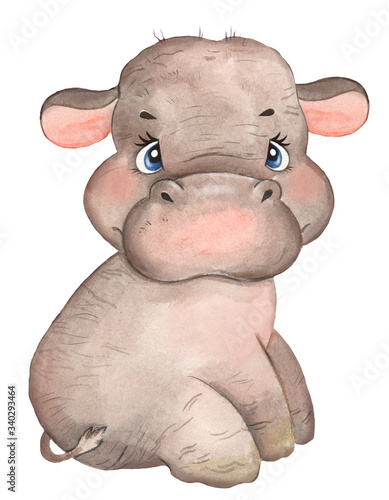 Canvas Print Watercolor drawing of a cute little hippo, little hippo, cute hippo, nursery, sa