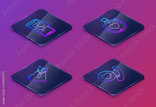 Set Isometric line Smartphone with heart speech bubble, Amour with heart and arrow, Heart in the center stopwatch and Telephone with heart speech bubble. Blue square button. Vector