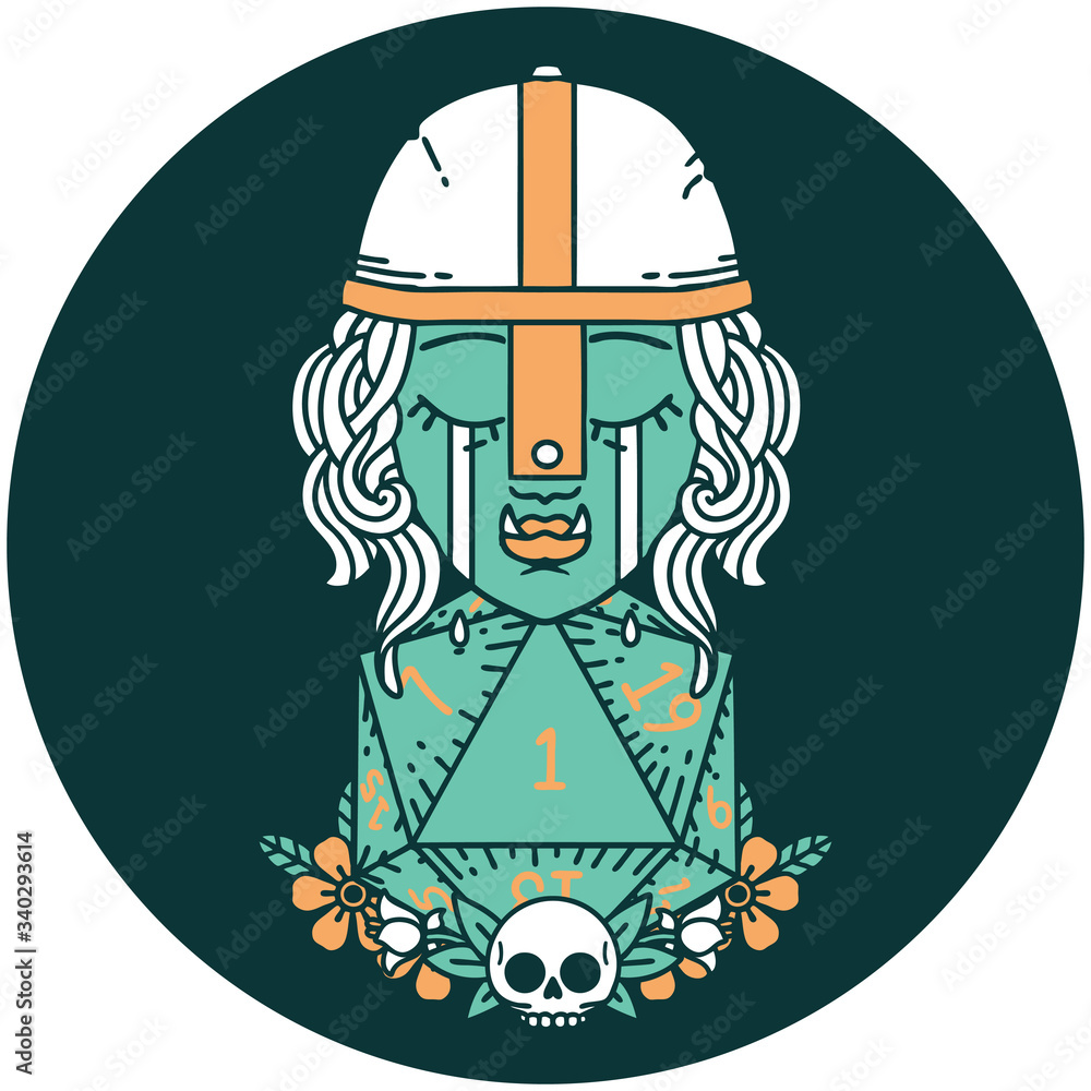 crying orc fighter character with natural one D20 roll icon