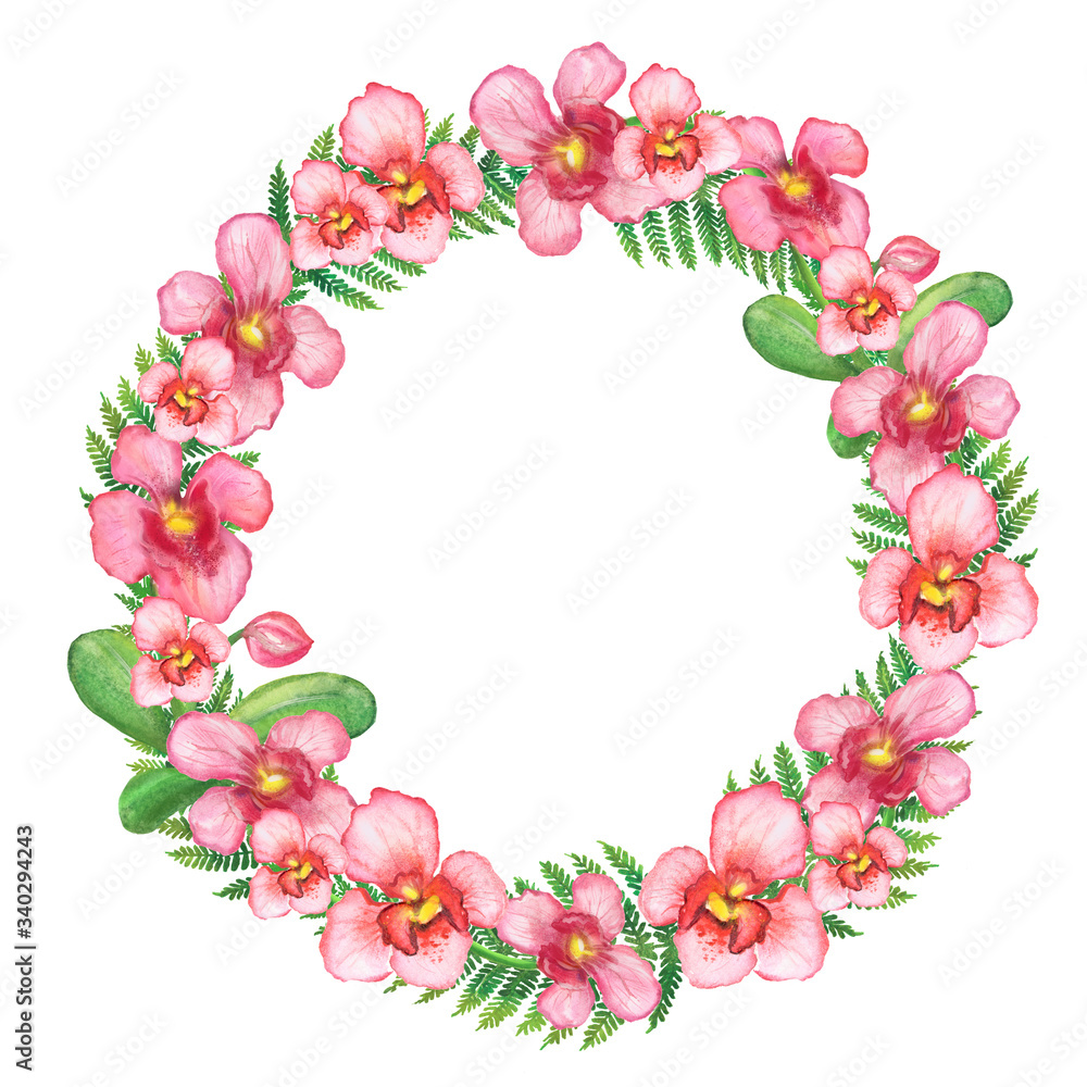 Watercolor spring floral frame with pink orchids