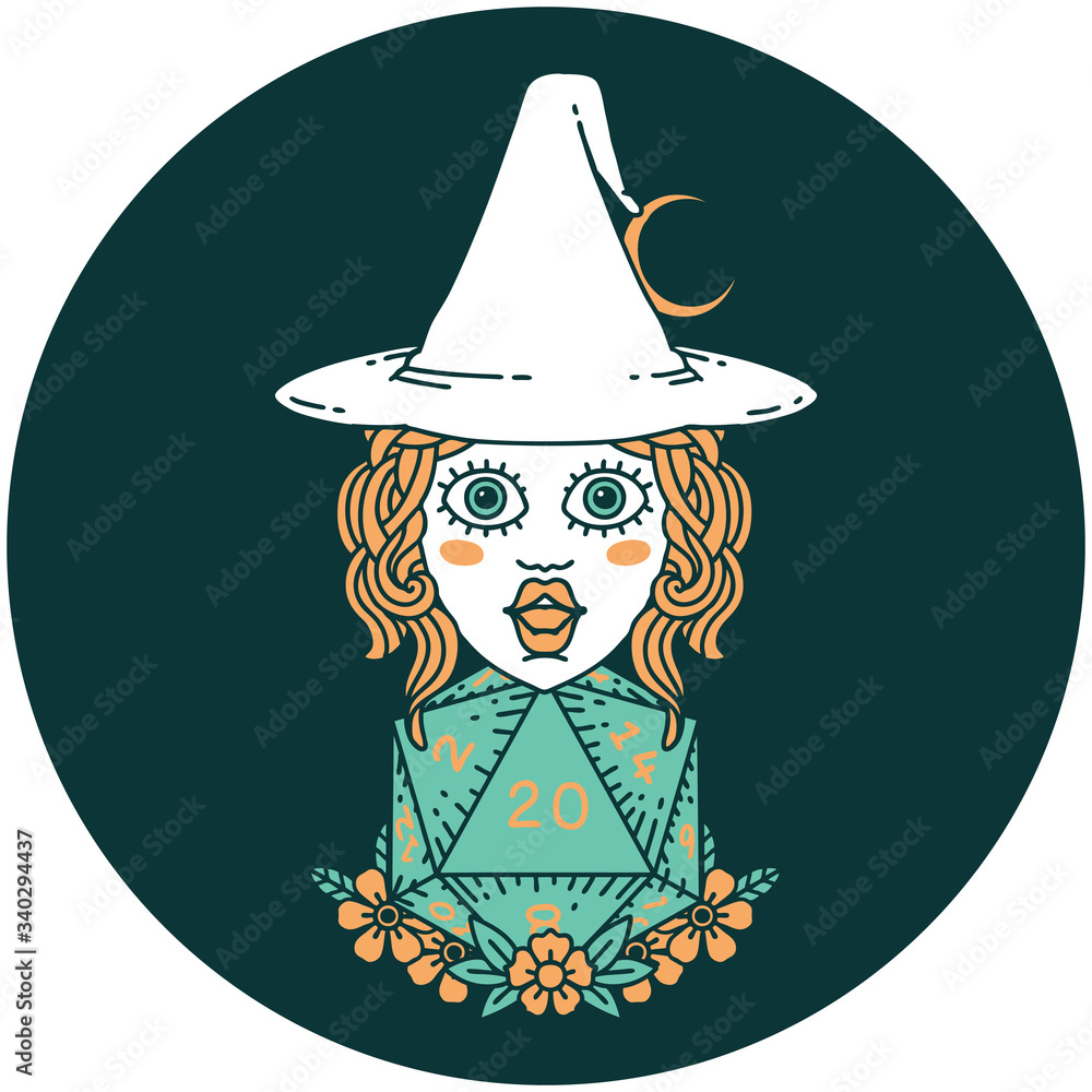 human witch with natural twenty dice roll icon