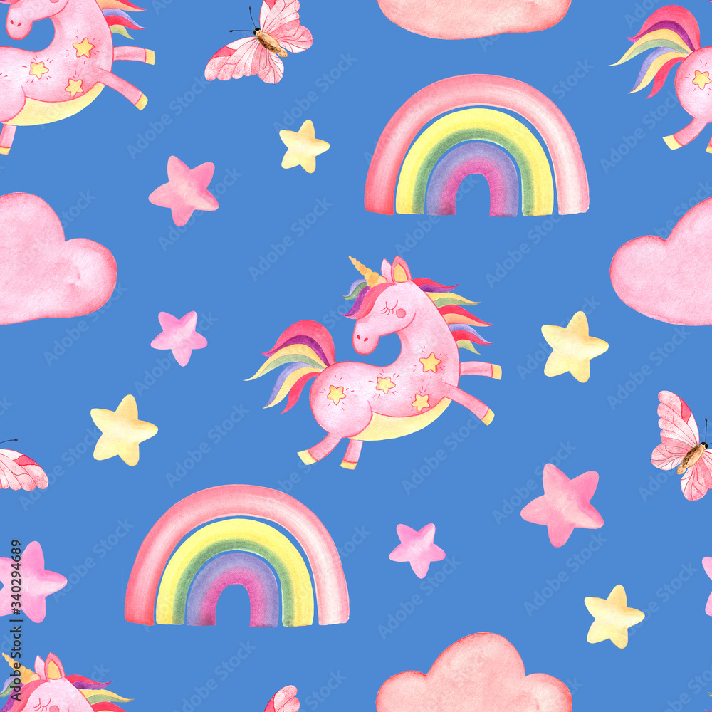 Pattern with pink unicorns, clouds, rainbows, stars on a blue background. Pattern with pink unicorns, clouds, rainbows, stars on a blue background.