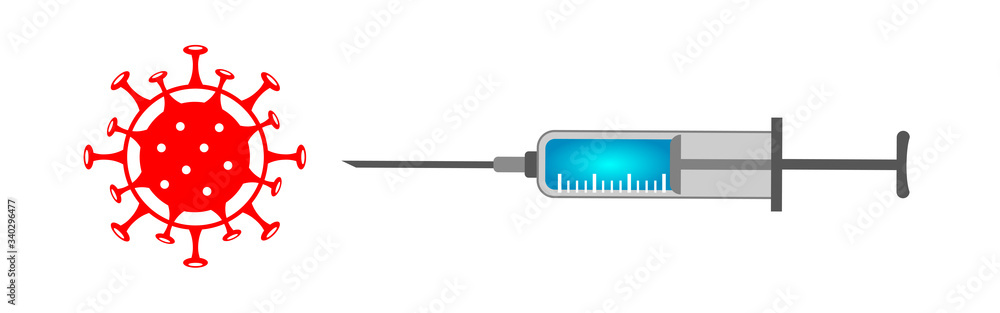 Fototapeta premium syringe and COVID-19. vector infographic coronavirus vaccination. Pathogen respiratory influenza covid virus cells.