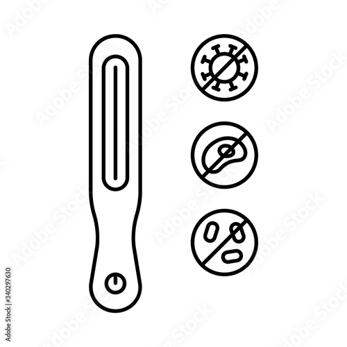 Ultraviolet portable sterilizer and set of stop germs icons. Linear individual electric device for home use with uvc germicidal lamp. Disinfection against viruses, microbe, bacteria. Contour vector