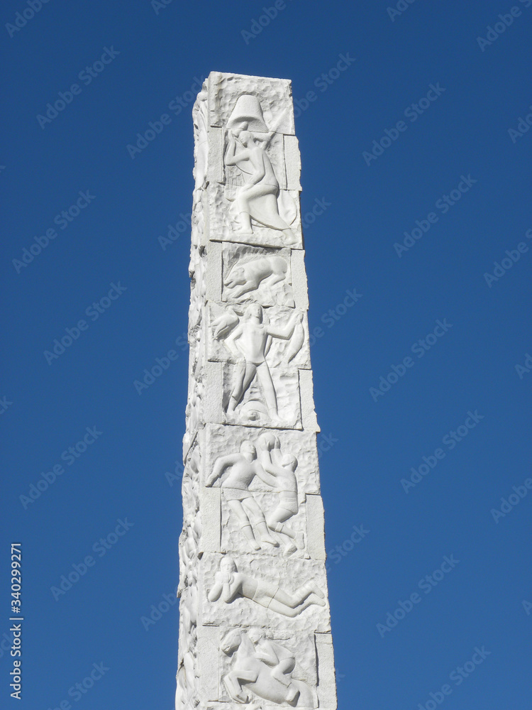 ROMA, ITALY - SEPTEMBER 2018: Modern obelisk in the EUR district in Rome.