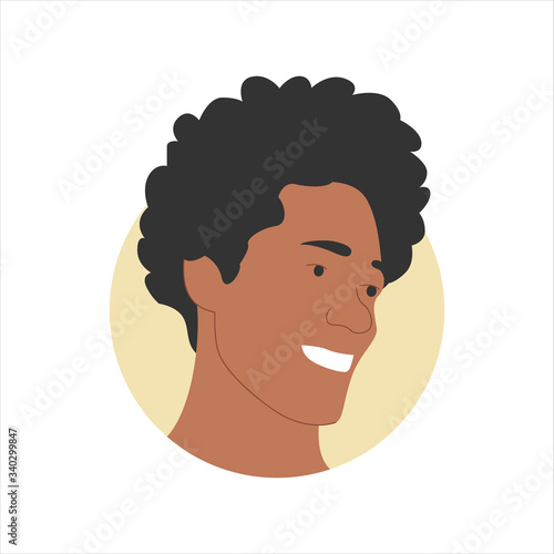 Vector illustration of a portrait of a happy smiling attractive mixed race man with curly hair. It represents a concept of beauty, joy and happiness. Also can be used as an avatar, icon or badge
