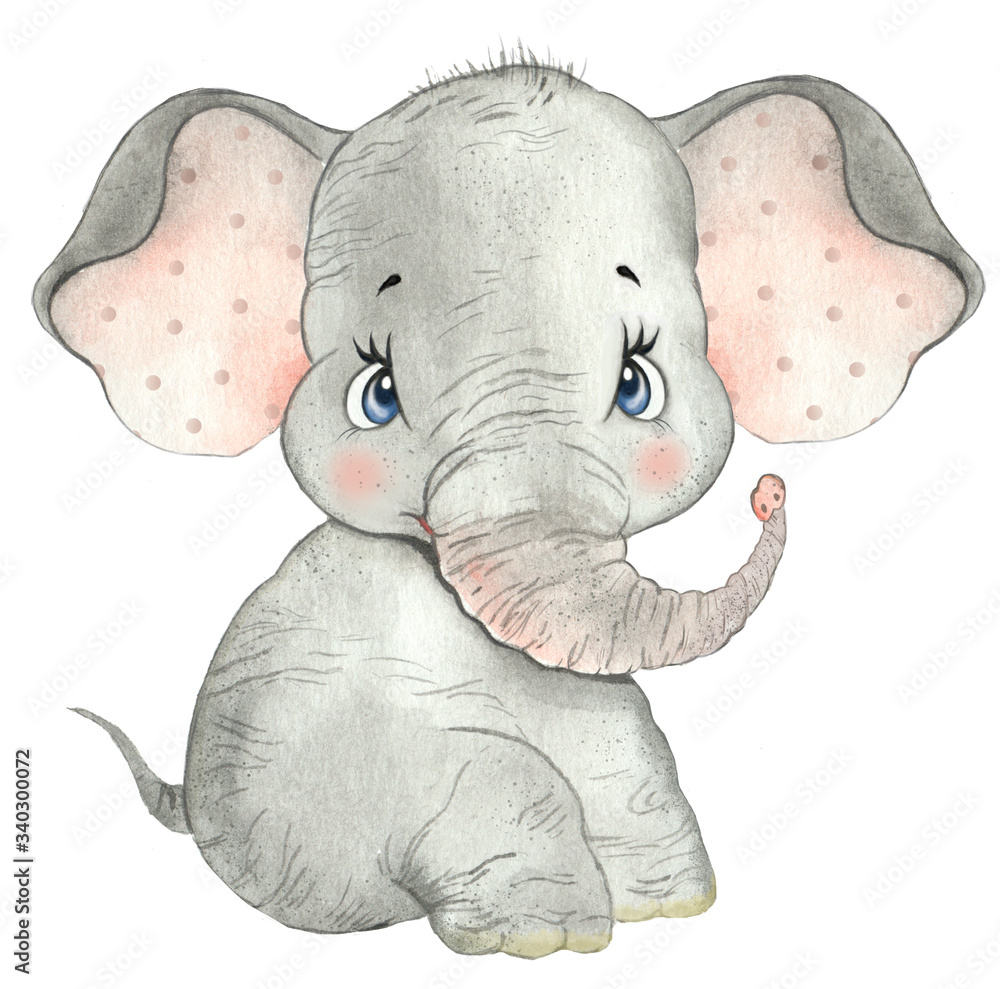 Watercolor drawing of a cute baby elephant, little elephant, cute elephant,  nursery, zoo, safari, african animal, baby cards, greetings, baby show, baby  animal, funny animal Stock Illustration | Adobe Stock