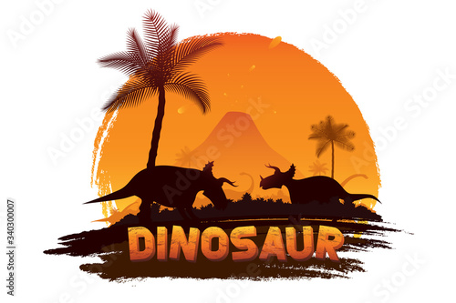 Dinosaurs in prehistoric scene background.