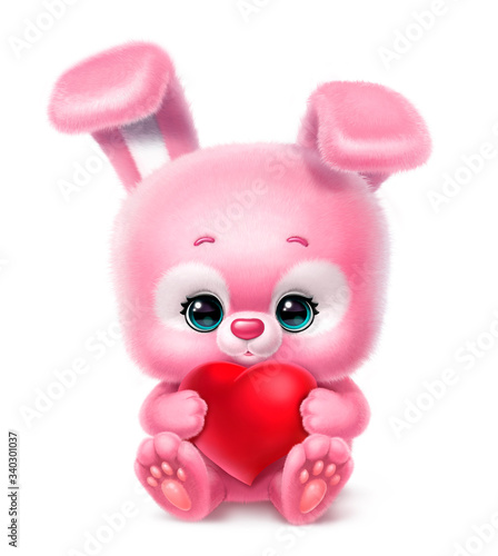 pink rabbit holds heart isolated on white