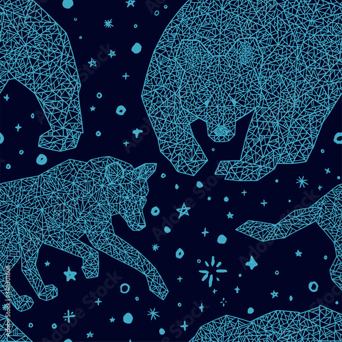 Hand drawn abstract vector seamless pattern. Background of geometric wild animals and stars. Wolf, bear in polygonal style. Colored bright wallpaper in boho style. For design print, wrapping, fabric.