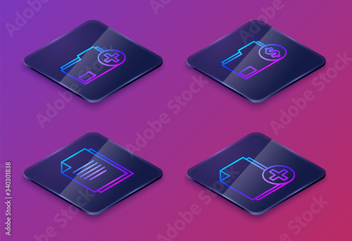 Set Isometric line Add new folder, Document, Finance document folder and Add new file. Blue square button. Vector