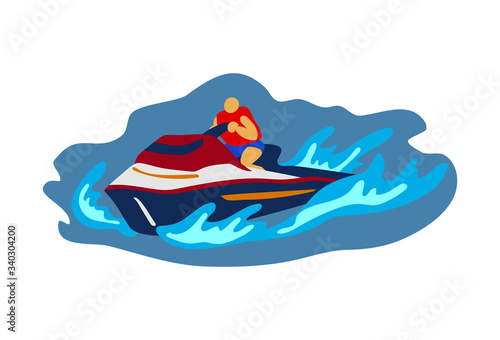 Man driving jet ski on water isolated on white background.  Vector illustration for web design.