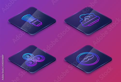 Set Isometric line Shaving brush, Towel rolls, Shaving gel foam and Mustache. Blue square button. Vector