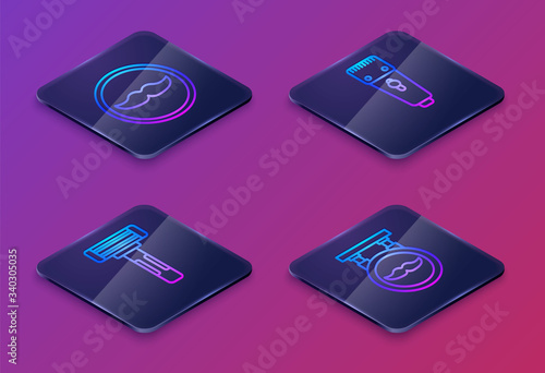 Set Isometric line Mustache, Shaving razor, Electrical hair clipper or shaver and Barbershop. Blue square button. Vector