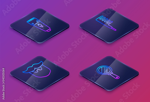 Set Isometric line Electrical hair clipper or shaver, Mustache and beard, Hairbrush and Hand mirror. Blue square button. Vector