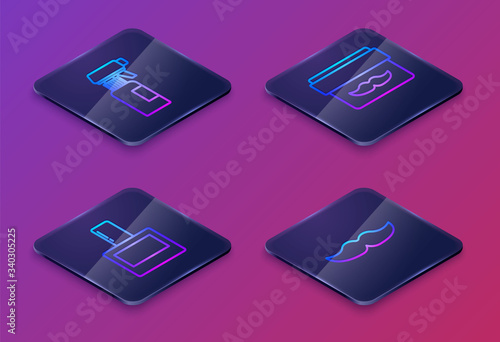 Set Isometric line Hairdresser pistol spray bottle, Aftershave, Cream or lotion cosmetic jar and Mustache. Blue square button. Vector
