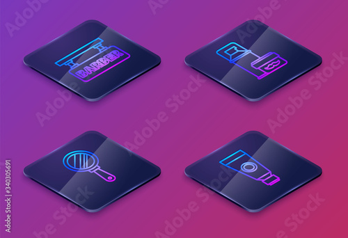 Set Isometric line Barbershop, Hand mirror, Shaving gel foam and Cream or lotion cosmetic tube. Blue square button. Vector