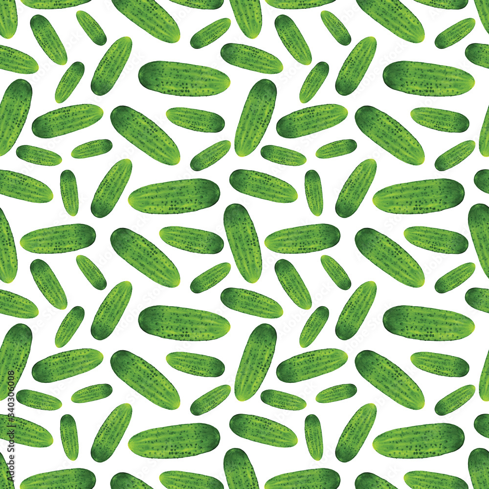 Vegetable seamless pattern. Green fresh cucumbers on a white background. Watercolor hand-drawn realistic illustration. Vegetarian, vegan background Vegetable seamless pattern. Green fresh cucumbers on a white background. Watercolor hand-drawn realistic illustration. Vegetarian, vegan background