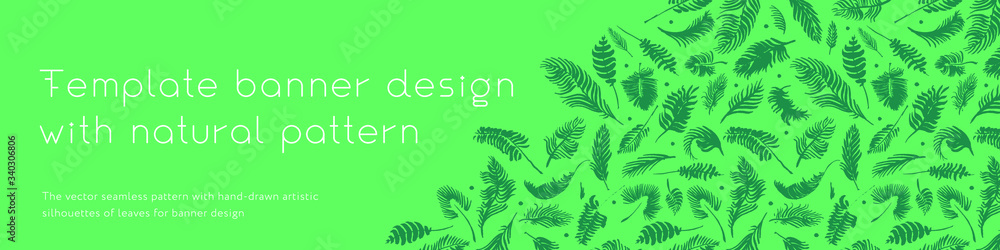 Vector tropical banner with drawings of palm leaves. Natural image. Leaf silhouette pattern, wedding invite Hawaii, eco-fashion image. Botanical background for date banner, summer events.