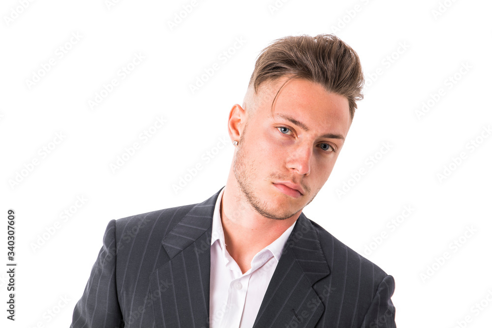 Shot of handsome elegant young man with suit and neck-tie, isolated on white, looking at camera
