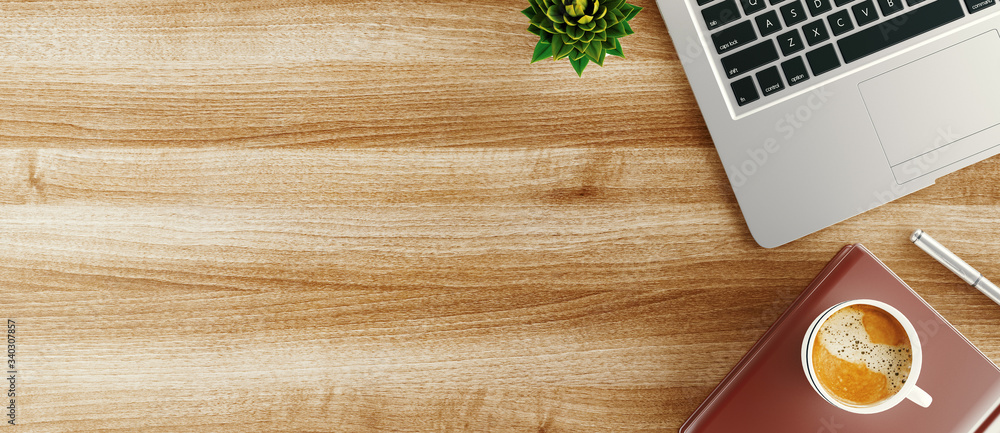 Minimal work space - Creative flat lay photo of workspace desk. Top view office desk with laptop, notebooks and coffee cup. 3d rendering banner Minimal work space - Creative flat lay photo of workspace desk. Top view office desk with laptop, notebooks and coffee cup. 3d rendering banner