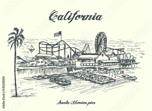California Santa Monica pier hand drawn vector illustration.