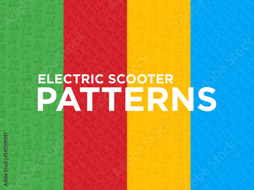 Electric scooter seamless pattern with thin line icons: sharing service, mobile app, QR code, parking, helmet, eco transport, pointer. Modern vector illustration.