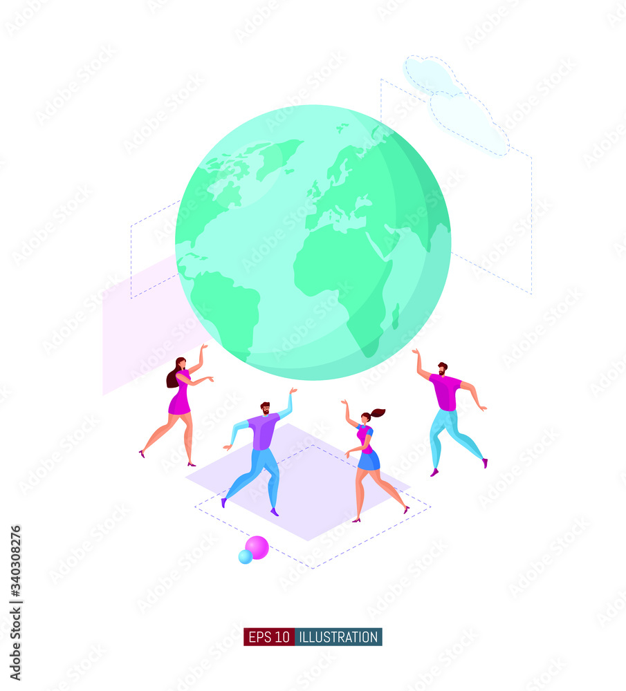 Trendy flat illustration. Men and women are holding a globe. Symbol of volunteering. Save the planet. Template for your design works. Vector graphics. Trendy flat illustration. Men and women are holding a globe. Symbol of volunteering. Save the planet. Template for your design works. Vector graphics.