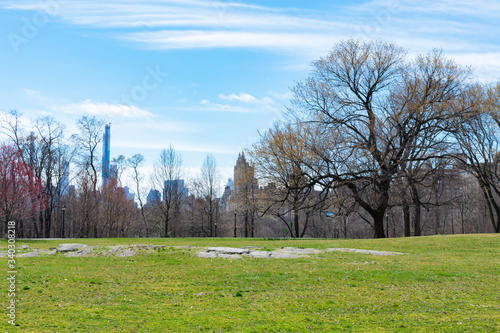 Empty Grass Field at the Northern Area of Central Park in New York City during Spring