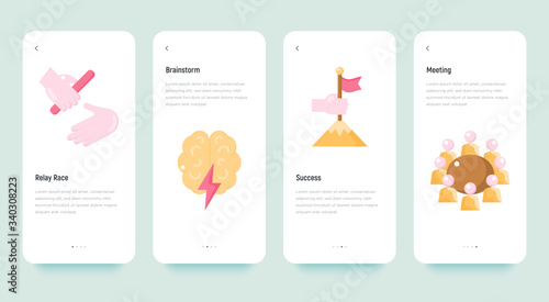 Teamwork mobile user interface with flat icons: relay race, brainstorm, success, meeting. Modern vector illustration, template with copy space.