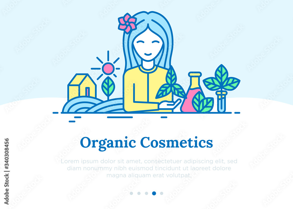 Girl using organic cosmetics concept. Thin line icons: natural ingredients, eco friendly, non GMO. Modern vector illustration.