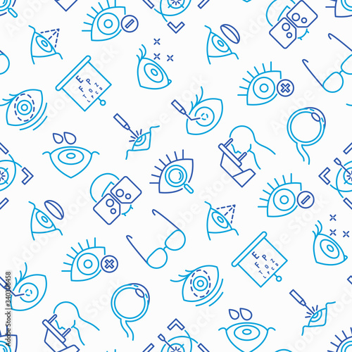 Ophthalmology seamless pattern with thin line icons: laser eye surgery, eye test, eye drops, contact lenses, cataract, astigmatism, phoropter, autorefractometer, farsightedness. Vector illustration.