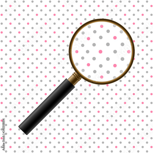 Vector Realistic Magnifier. Isolated Gold Metal Magnifying Glass With Black Handle Enlarging Dot Pattern. Zoom Tool With an Optical Lens. Scientific or Detective Research, Study, Discovery Concept.