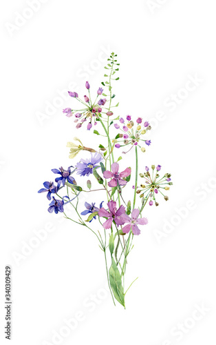 Watercolor motley bouquet of wild flowers