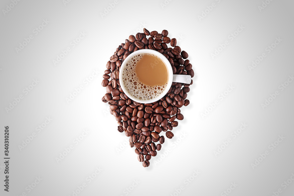 coffee is here, location icon created from coffee beans and drink Stock