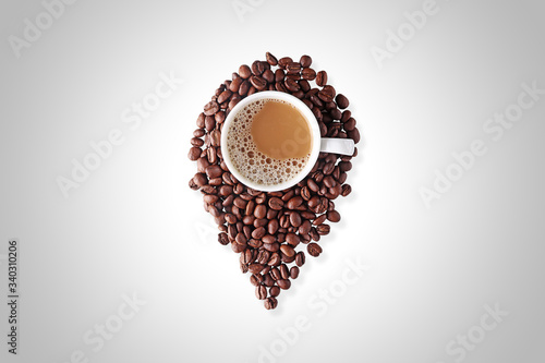 coffee is here, location icon created from coffee beans and drink (ID: 340310206)