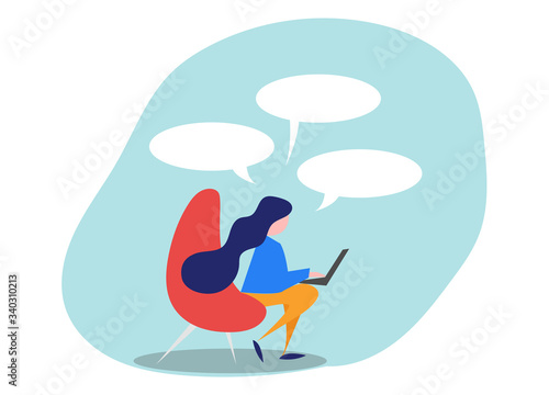 Freelance woman working on laptop at her house. Vector flat illustration isolated on white background.