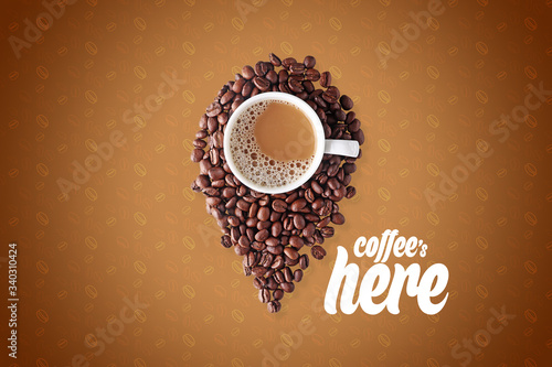 coffee is here, location icon created from coffee beans and drink (ID: 340310424)