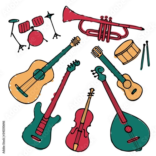 A set of hand-drawn musical instruments. Doodle elements of guitar, electric guitar, ukulele, trumpet, maracas, domra, violin. Vector