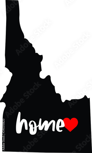 Map of Idaho home state map. Black state outline with heart and home written in brush script font
