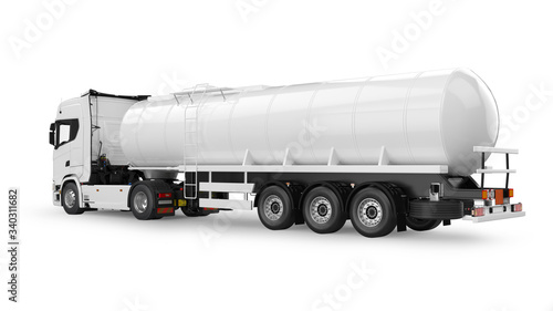 Tanker truck 3D rendering isolated on white background. Side-rear view.