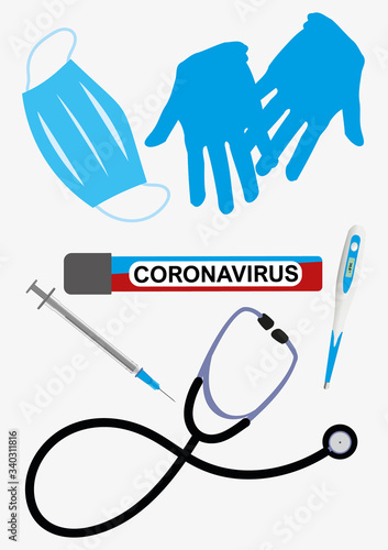 Vector illustration of test tube with coronavirus blood sample on the background of medical equipment.Protective mask,gloves,stethoscope,thermometer.Graphics elements for banner,poster.