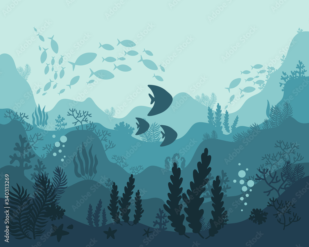 background underwater world, sea ocean, fish animals, algae and coral reefs, vector illustration hand drawing background underwater world, sea ocean, fish animals, algae and coral reefs, vector illustration hand drawing