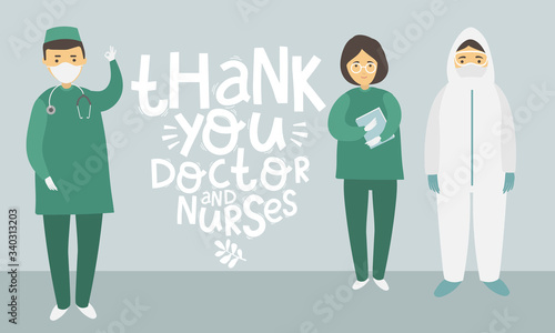 Thanks to the doctors and nurses for the fight against covid-19. You are heroes. Vector illustration of a doctor, resuscitator, therapist, ambulance in a mask. Drawing and typography lettering.